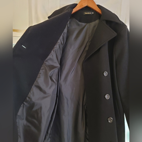Benibos poly & wool blend black trench coat men's size Large - Picture 3 of 8
